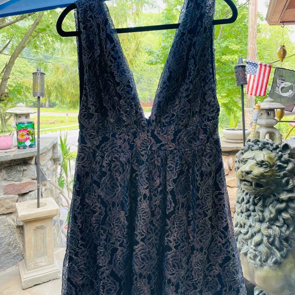 Navy Blue Mini Dress with Navy/Gold Lace Overlay - Picture 3 of 10